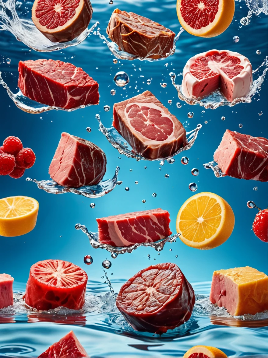 fresh various meat seamless background, dropping in the water, splash water. shot using a leica camera, professional color grading. desserts magazine photographyiso 300. accomplishment winning photography. advertising photographyclean sharp focus. high - end compositing. commercial photography. soft shadows 8k
