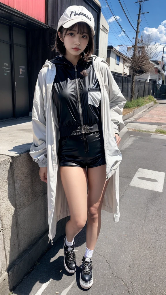 Masterpiece, 8K, award-winning photos, photorealistic, realistic, ultra detailed, ultra high definition, ray tracung, _ the most beautiful, Gravure quality for high-end fashion magazines, 22 years old ,(sexy,Japanese idol, gray hair, short hair),shiny skin , detailed skin , detailed face , perfect anatomy, 1girl
_
BREAK (droopy eyes, Natural makeup:1.2),light color, crying a little, Harajuku style, huge breasts,
_
glowing blue eyes, tan skin,
_
BREAK (black and White theme:1.4), (oversized and baggy black outerwear:1.3), (fusion of black windbreaker and White hoodie:1.4), (black Nylon:1.4), ((zipper, large pocket):1.3), BREAK (black and white :1.2), (black platform high-cut sneakers:1.2),(Black leather short pants),(baseball cap),
Inorganic concrete studio with windows, highly detailed background, , ultra-realistic textures, dramatic lighting ,raw photo, _(dutch angle and curtsey ,on side:1.2), looking at viewer,