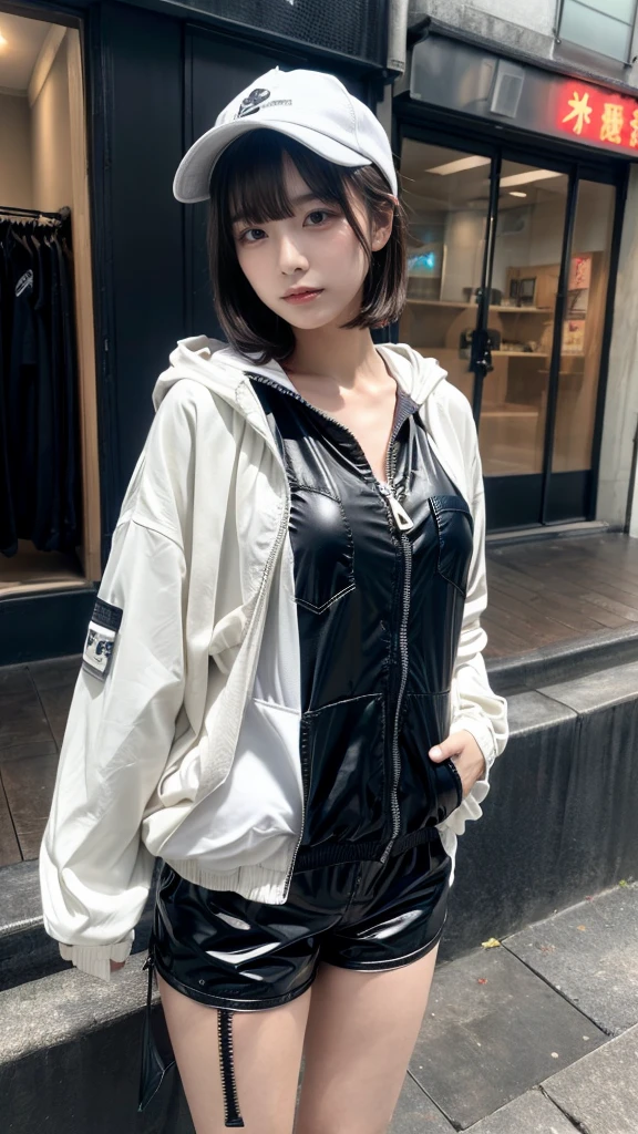 Masterpiece, 8K, award-winning photos, photorealistic, realistic, ultra detailed, ultra high definition, ray tracung, _ the most beautiful, Gravure quality for high-end fashion magazines, 22 years old ,(sexy,Japanese idol, gray hair, short hair),shiny skin , detailed skin , detailed face , perfect anatomy, 1girl
_
BREAK (droopy eyes, Natural makeup:1.2),light color, crying a little, Harajuku style, huge breasts, 
_
glowing blue eyes, tan skin,
_
BREAK (black and White theme:1.4), (oversized and baggy black outerwear:1.3), (fusion of black windbreaker and White hoodie:1.4), (black Nylon:1.4), ((zipper, large pocket):1.3), BREAK (black and white :1.2), (black platform high-cut sneakers:1.2),(Black leather short pants),(baseball cap),
 Inorganic concrete studio with windows, highly detailed background, , ultra-realistic textures, dramatic lighting ,raw photo, _(dutch angle and curtsey ,on side:1.2), looking at viewer,