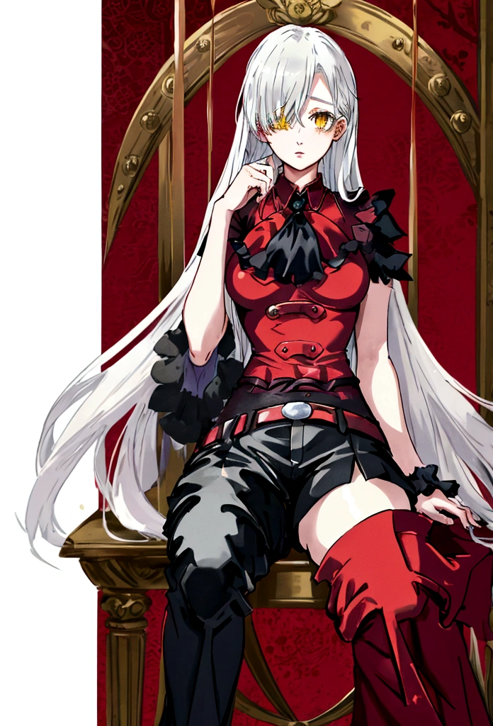 elizabeth rose bloodflame (ho****ve), Best quality，masterpiece，a high resolution，Adult female, businesswoman, mature female, skinny, nardack, visible breasts apart, visible collarbone, visible breasts apart, medium breast, holding cane, visible cane, white hair, lipstick, long hair, yellow eyes, black coat, long pant, black pant, thighs, bloodborne style, sitting on throne, legs crossed.