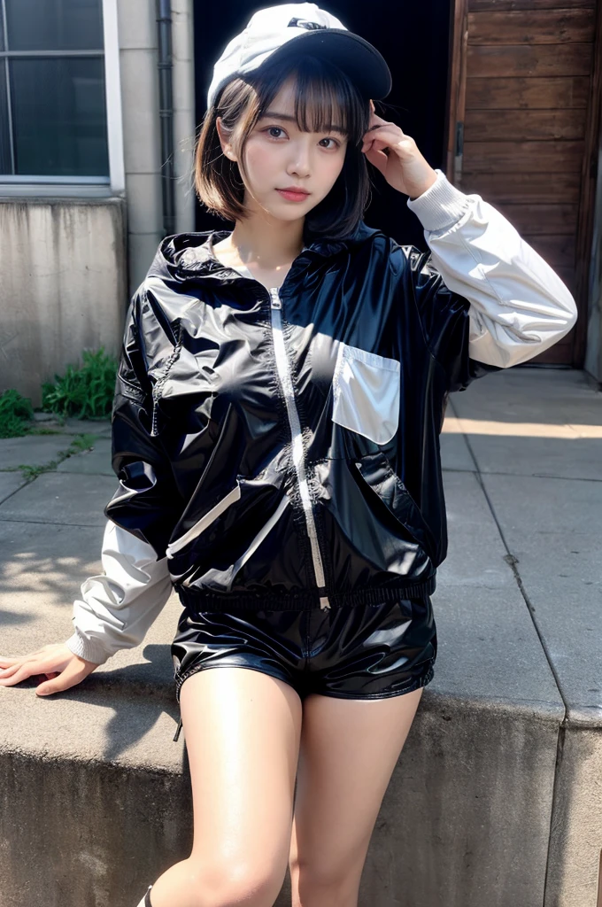 Masterpiece, 8K, award-winning photos, photorealistic, realistic, ultra detailed, ultra high definition, ray tracung, _ the most beautiful, Gravure quality for high-end fashion magazines, 22 years old ,(sexy,Japanese idol, gray hair, short hair),shiny skin , detailed skin , detailed face , perfect anatomy, 1girl
_
BREAK (droopy eyes, Natural makeup:1.2),light color, crying a little, Harajuku style, huge breasts, 
_
glowing blue eyes, tan skin,
_
BREAK (black and White theme:1.4), (oversized and baggy black outerwear:1.3), (fusion of black windbreaker and White hoodie:1.4), (black Nylon:1.4), ((zipper, large pocket):1.3), BREAK (black and white :1.2), (black platform high-cut sneakers:1.2),(Black leather short pants),(baseball cap),
 Inorganic concrete studio with windows, highly detailed background, , ultra-realistic textures, dramatic lighting ,raw photo, _(dutch angle and curtsey ,on side:1.2), looking at viewer,