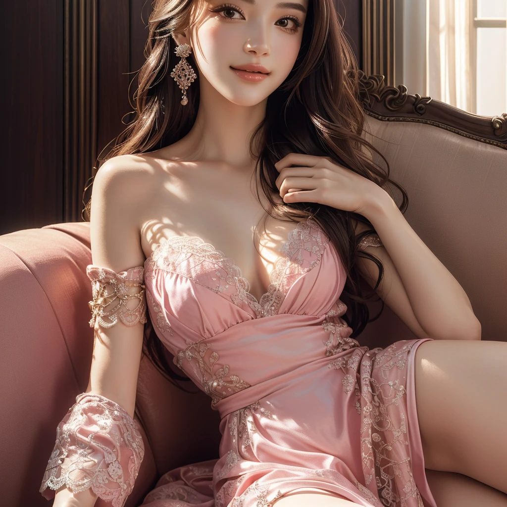 8K, UHD, MAsterpiece, best quality, 1 girl, (realistic face), very long hair, small breasts, decorated dress, very beautiful ornaments dress, pink color, lace, mesh dress, sardine, loops, ipllers, depth of field, light from the front, Light shines into the face, knee short, Subject reclines on a chaise or couch, one arm draped gracefully. Evokes sophistication and relaxation., Arms wrapped around body (self-hug), Face (Excitement, Surprise, Awe)