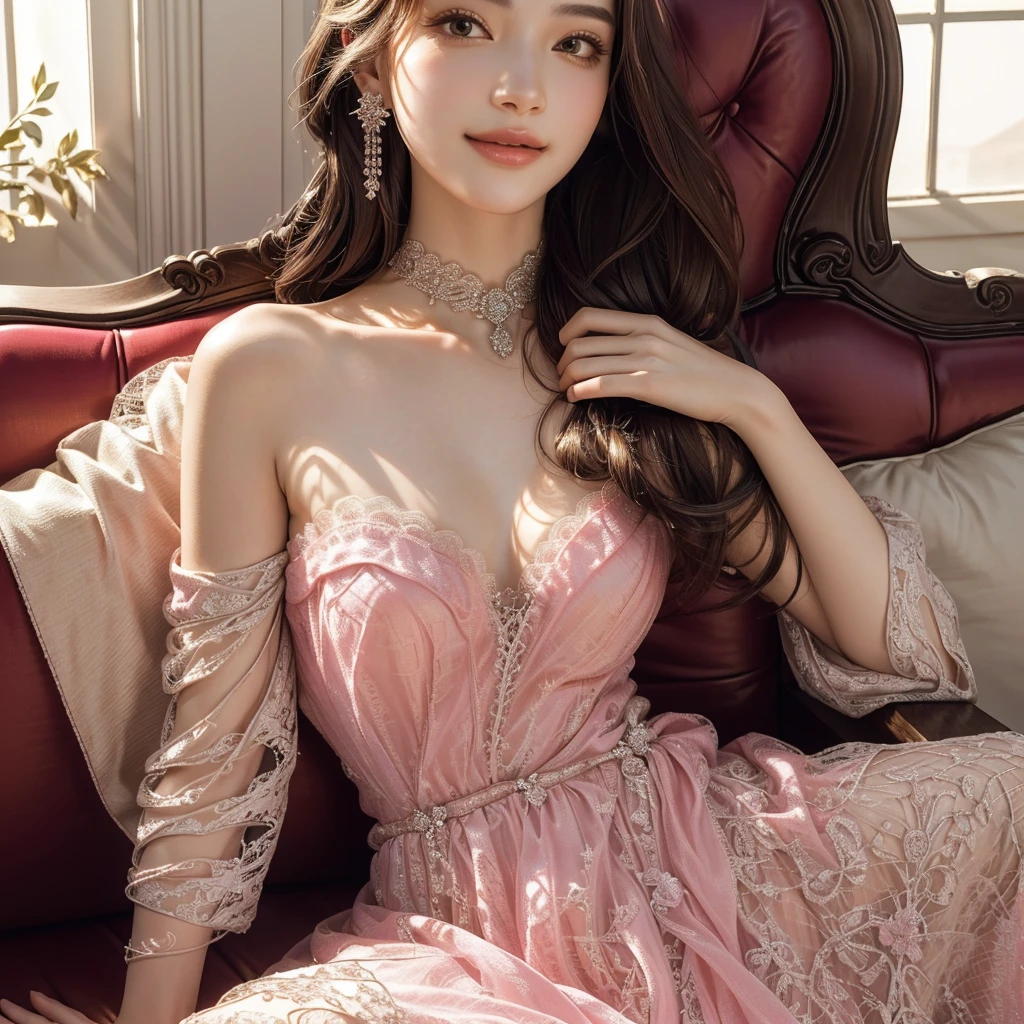 8K, UHD, MAsterpiece, best quality, 1 girl, (realistic face), very long hair, small breasts, decorated dress, very beautiful ornaments dress, pink color, lace, mesh dress, sardine, loops, ipllers, depth of field, light from the front, Light shines into the face, knee short, Subject reclines on a chaise or couch, one arm draped gracefully. Evokes sophistication and relaxation., Arms wrapped around body (self-hug), Face (Excitement, Surprise, Awe)