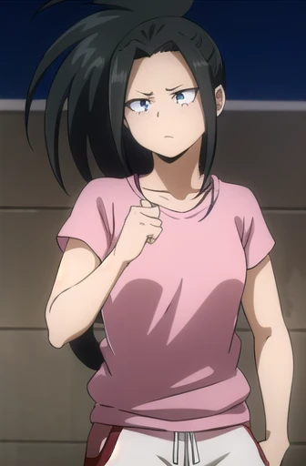yaoyorozumomo, yaoyorozu momo, (Momo Yaoyorozu:1.2), Long Hair, bangs, Black Hair, ponytail, (Iris:1.5), high ponytail, wide ponytail,
break collarbone, Short sleeve, pants, (Pink Shirt:1.2), blue pants, Tracksuits, track pants, sweatpants,
break outdoors, night null, night, star \(null\),
break looking at viewer,
break (masterpiece:1.2), Highest quality, High resolution, unity 8k wallpaper, (figure:0.8), (Beautiful attention to detail:1.6), Highly detailed face, Perfect lighting, Highly detailed CG, (Perfect hands, Perfect Anatomy),