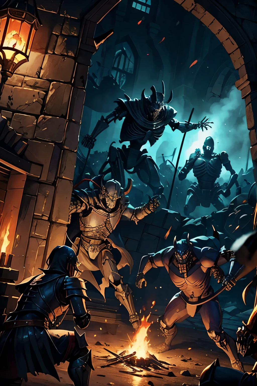 There is a melee in the picture，Demons vs Humans，war，Magic theme，Medieval Warhammer，Two Skeleton Soldiers，A knight，A fighter，A demon wizard，They attack each other