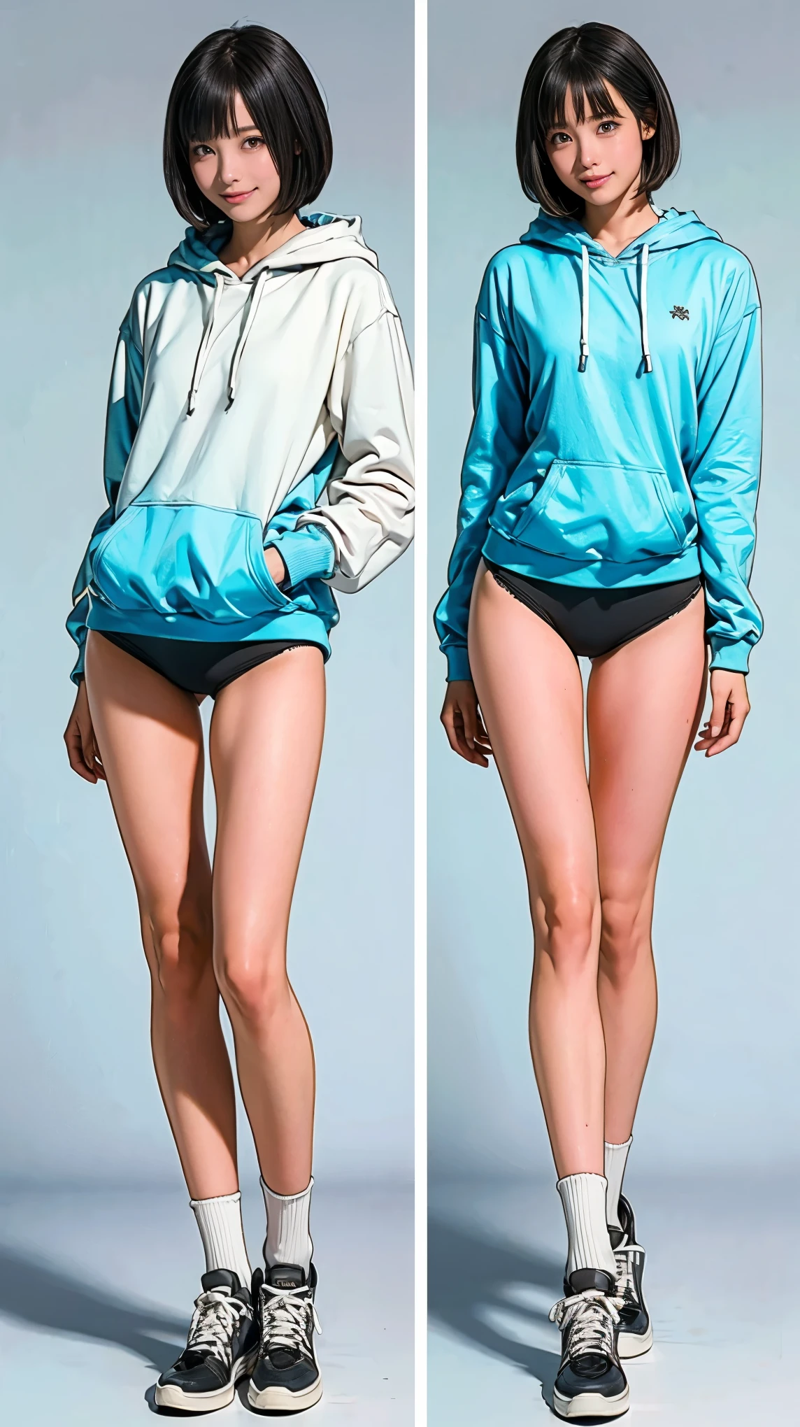 ((masterpiece)),(((Highest quality))),((Character design sheet)), Thin thighs,Long legs,18 year old Japanese girl, Cute type,The best smile:1.5，white long hoodie:1.5, Black panties in full view 1.5，Very short hair ,  (Highly detailed skin), The background is gray，Tuck up your clothes:1.5，Wearing a hood:1.5，Sexy pose with butt sticking out:1.5，Wearing white sneakers:1.5，
