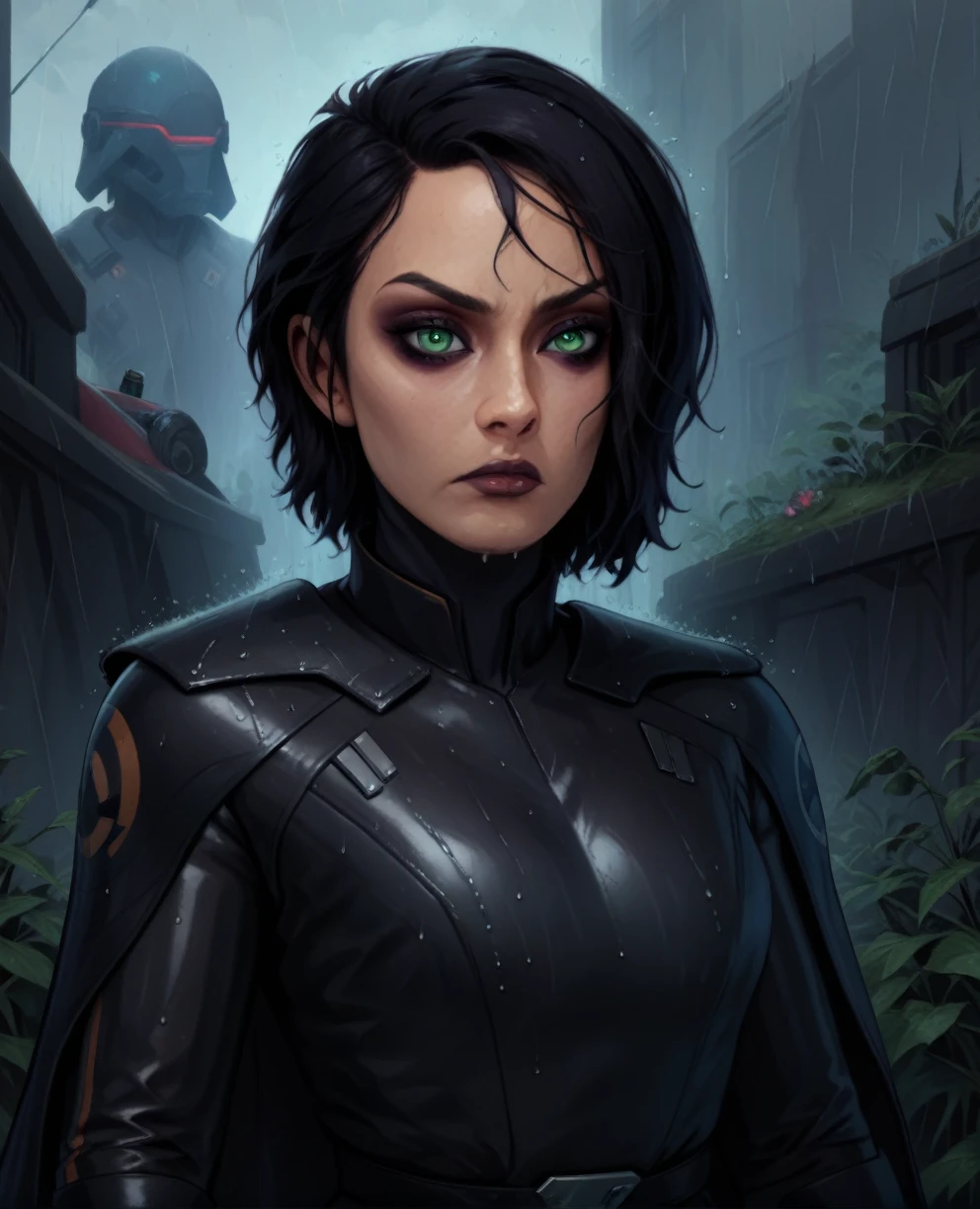 score_9,score_8_up,score_7_up,score_6_up, Trilla,green eyes,black hair, upper body, wet, armor,gloves,black bodysuit,black cape,belt,rain, science fiction,sith base, star wars, outdoors, rain, solo,fflixbag wearing armor sabine wren
