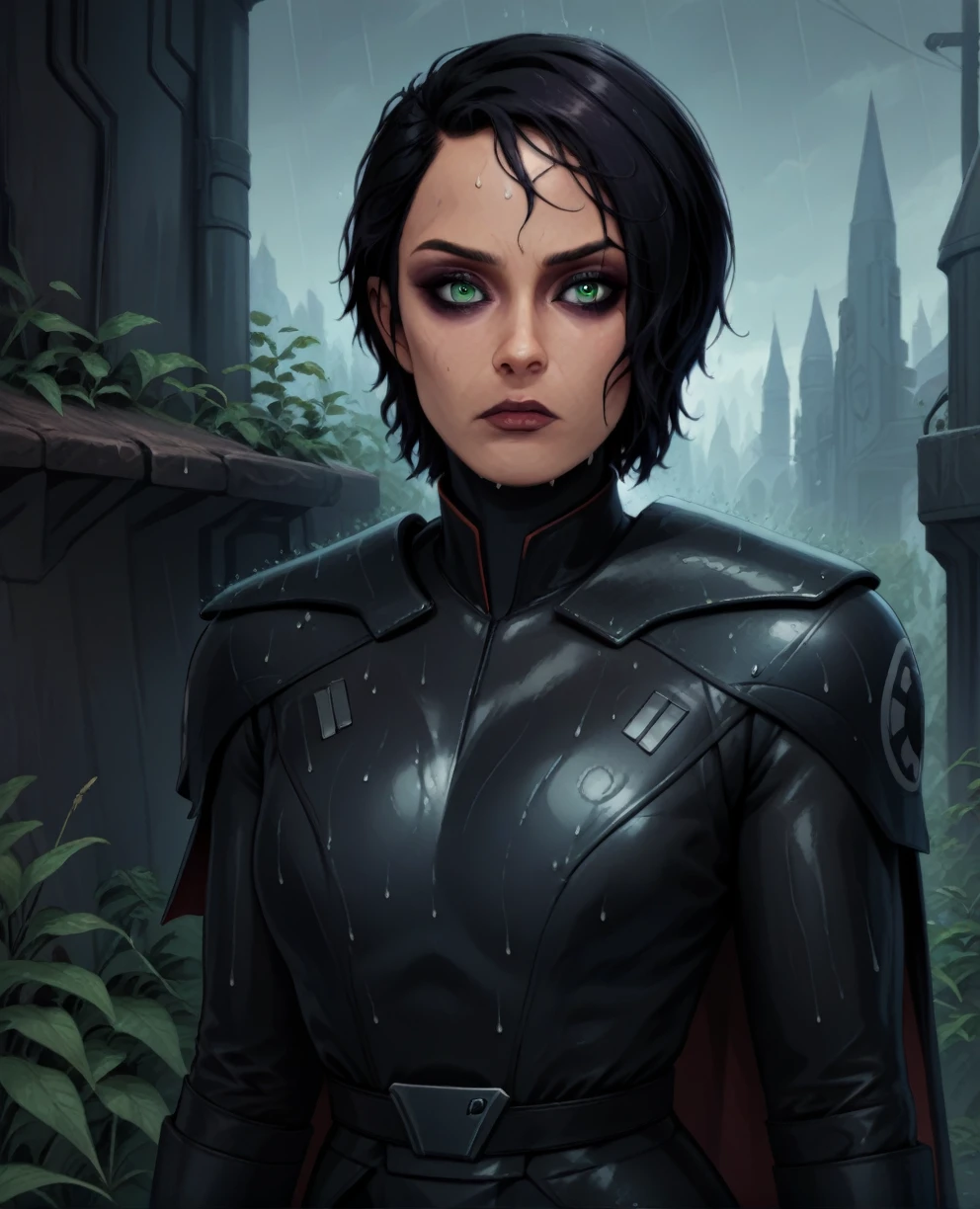 score_9,score_8_up,score_7_up,score_6_up, Trilla,green eyes,black hair, upper body, wet, armor,gloves,black bodysuit,black cape,belt,rain, science fiction,sith base, star wars, outdoors, rain, solo,fflixbag wearing armor sabine wren