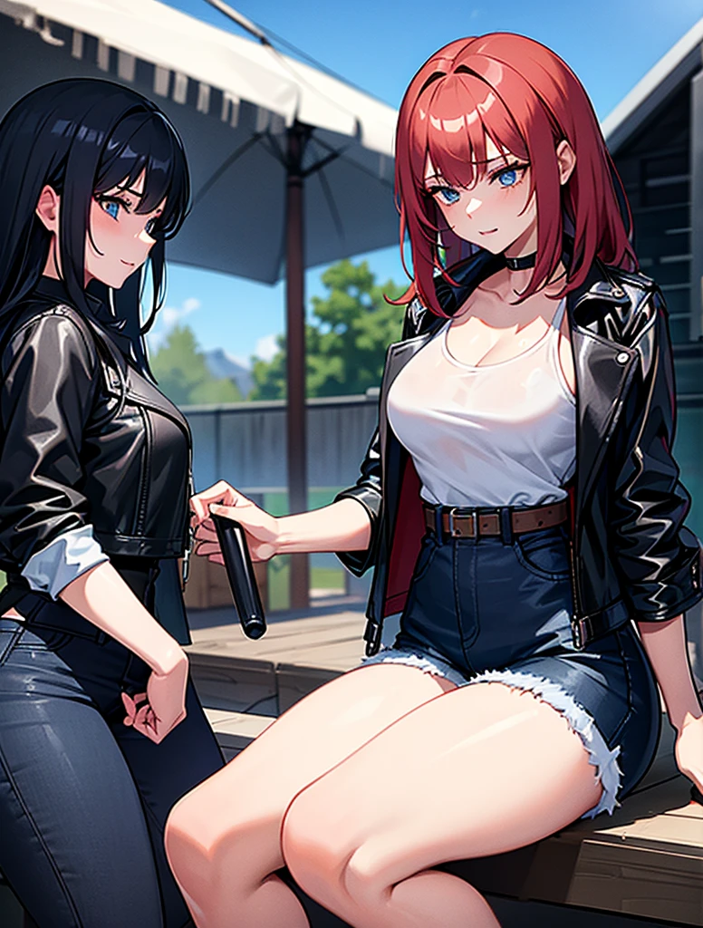 Two young girls, a young red-haired girl with blue eyes wearing a black leather jacket and a short white shirt with short blue denim shorts, and the second young girl with black hair, blue eyes, black leather jacket and black shirt with short blue denim shorts., taking off the clothes, masturbating, touching, hot sexy, moaning, las dos chicas jovencitas moaning