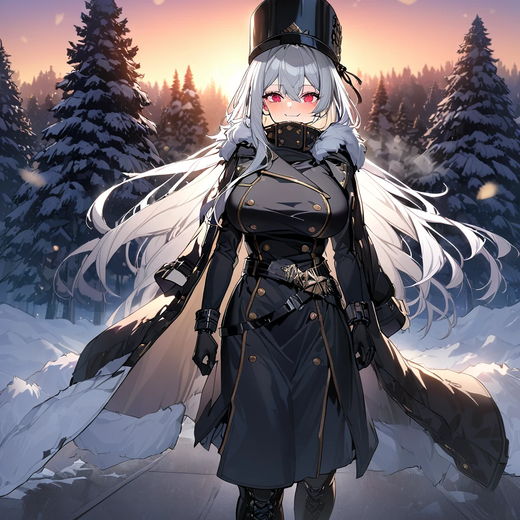 A woman wearing a long black cold-weather jacket, golden buttons on the cold-weather jacket, black leather boots, long black cold-weather cape, big breasts, black traditional Russian hat, white hair, long hair, red eyes, smiling, walking in a concrete sidewalk, wide view of an open field in the winter period, pine trees in the background covered in light, sunset, black glove, standing upright, UHD , prime work , accurate , anatomically correct , textured skin , super details , high quality , best quality, 8k, high resolution, bokeh effect. (woman alone), close view.
