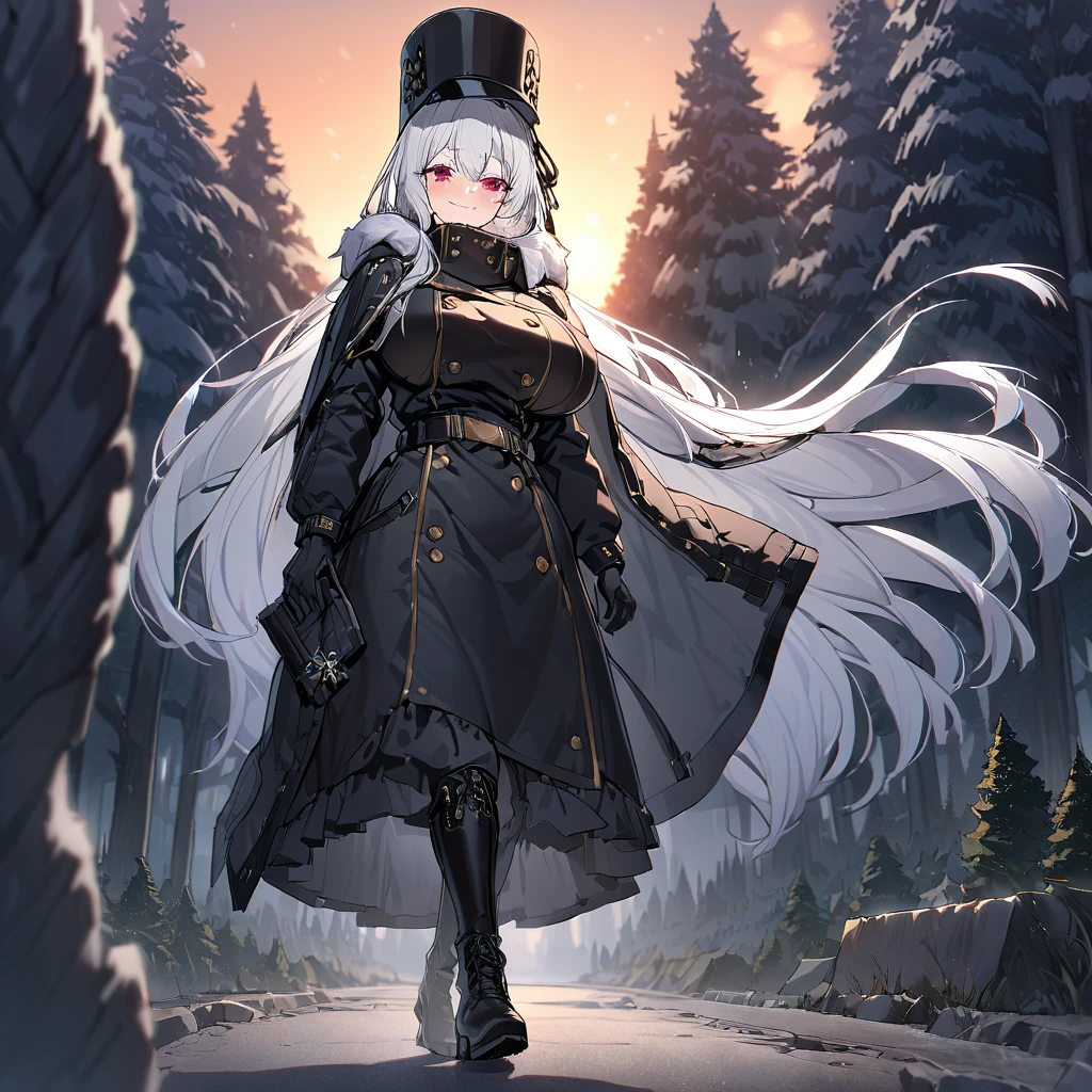 A woman wearing a long black cold-weather jacket, golden buttons on the cold-weather jacket, black leather boots, long black cold-weather cape, big breasts, black traditional Russian hat, white hair, long hair, red eyes, smiling, walking in a concrete sidewalk, wide view of an open field in the winter period, pine trees in the background covered in light, sunset, black glove, standing upright, UHD , prime work , accurate , anatomically correct , textured skin , super details , high quality , best quality, 8k, high resolution, bokeh effect. (woman alone), close view.
