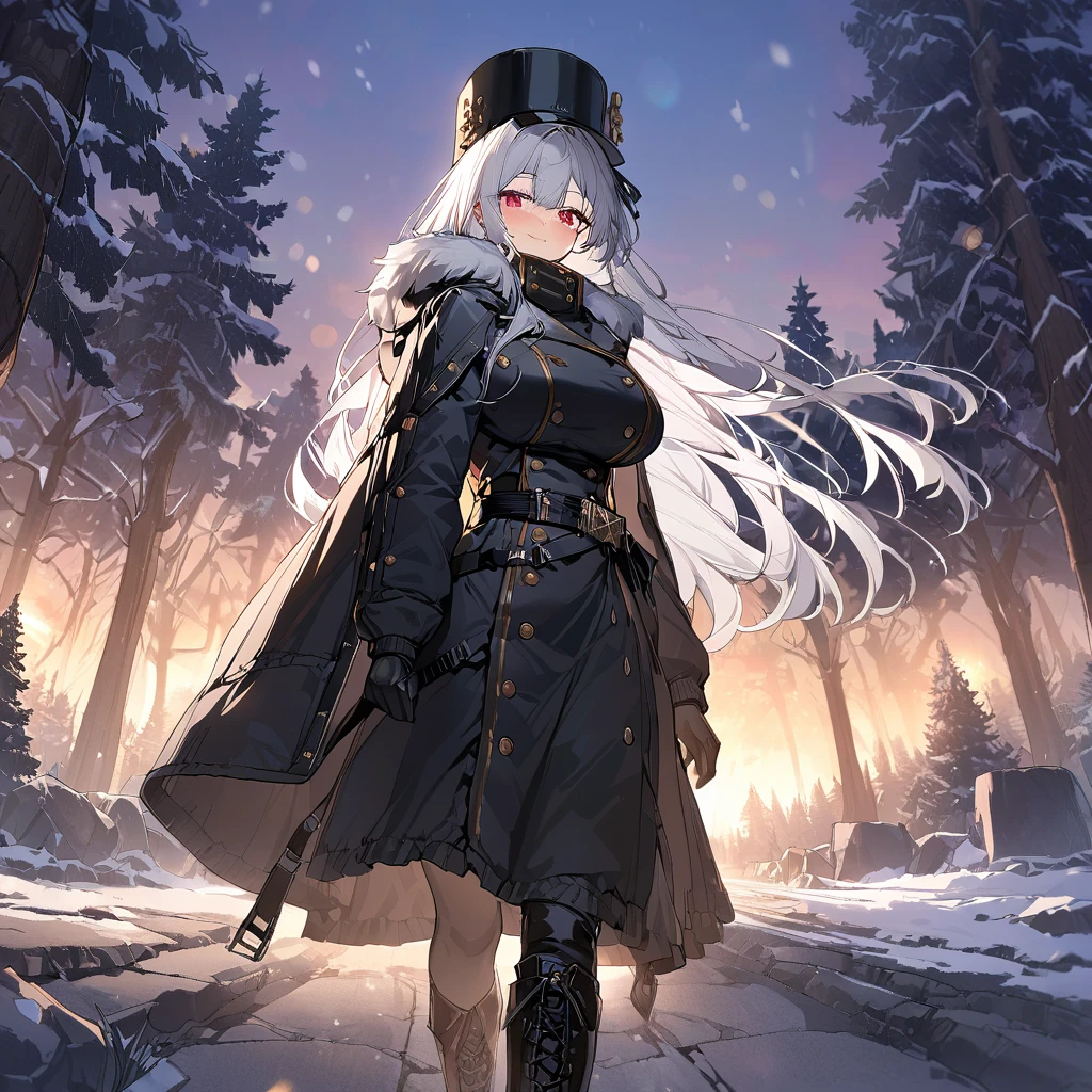 A woman wearing a long black cold-weather jacket, golden buttons on the cold-weather jacket, black leather boots, long black cold-weather cape, big breasts, black traditional Russian hat, white hair, long hair, red eyes, smiling, walking in a concrete sidewalk, wide view of an open field in the winter period, pine trees in the background covered in light, sunset, black glove, standing upright, UHD , prime work , accurate , anatomically correct , textured skin , super details , high quality , best quality, 8k, high resolution, bokeh effect. (woman alone), close view.
