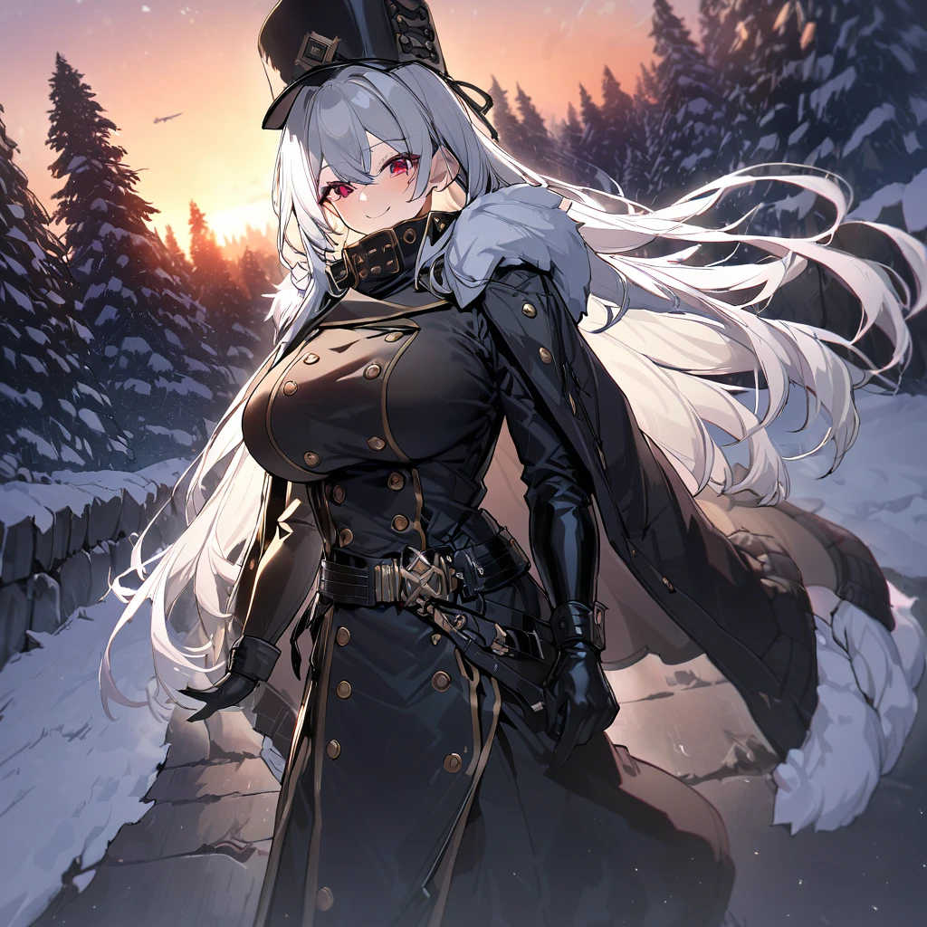 A woman wearing a long black cold-weather jacket, golden buttons on the cold-weather jacket, black leather boots, long black cold-weather cape, big breasts, black traditional Russian hat, white hair, long hair, red eyes, smiling, walking in a concrete sidewalk, wide view of an open field in the winter period, pine trees in the background covered in light, sunset, black glove, standing upright, UHD , prime work , accurate , anatomically correct , textured skin , super details , high quality , best quality, 8k, high resolution, bokeh effect. (woman alone), close view.
