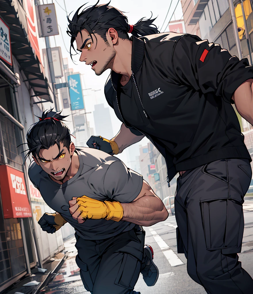 (detailed), 1 man, Black hair in a ponytail Back below the nape of the neck and 2 strands in front, yellow eyes, fangs,black jacket, gray t-shirt, cargo pants, Gloves without fingers, And well defined body. Fighting a beast