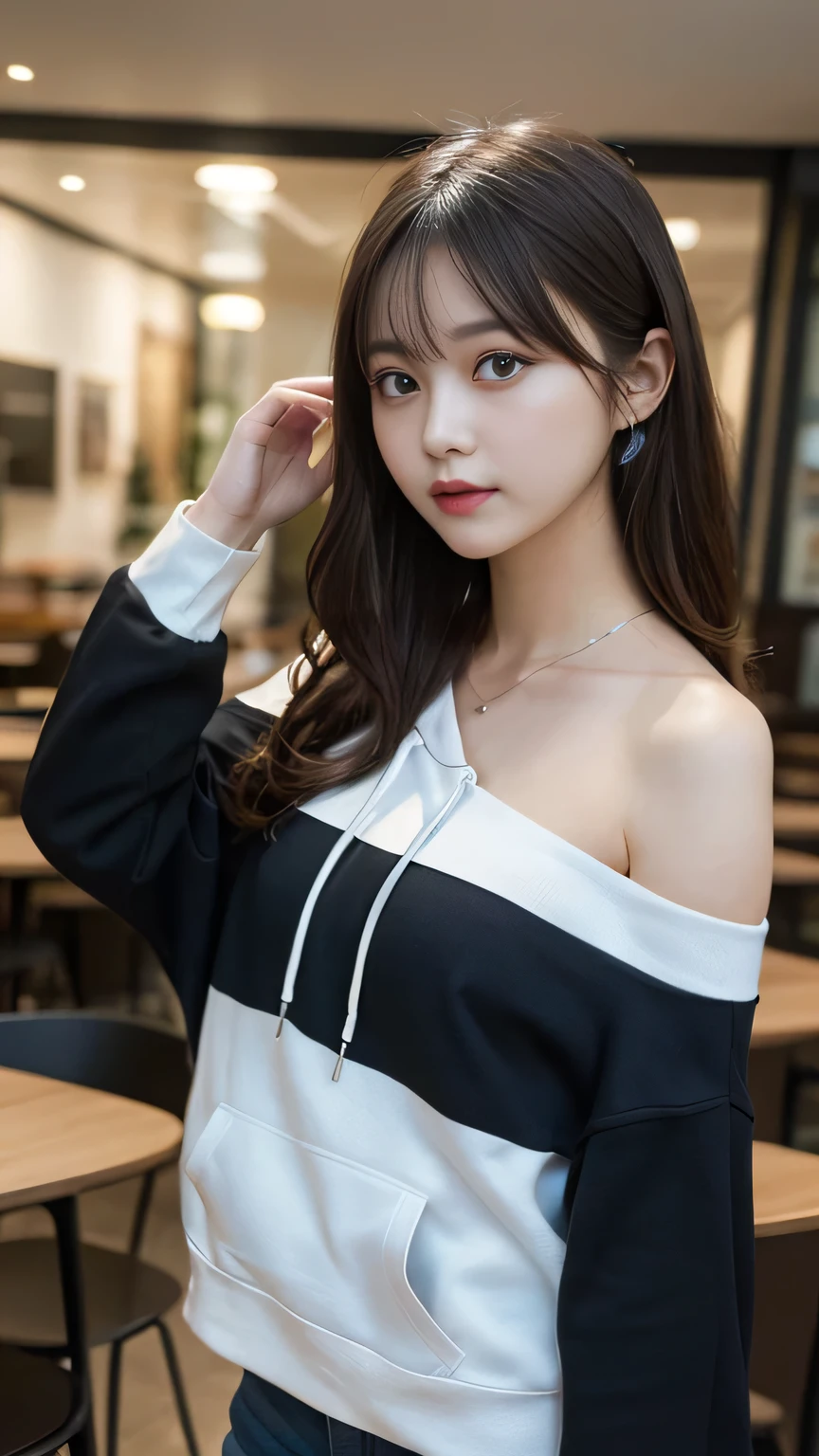 Tabletop, Highest quality, figure, Super detailed, In detail, High resolution, 8k wallpaper, Perfect dynamic composition, Beautiful attention to detail, Casual Coordination, Off the shoulder, Rough hoodie