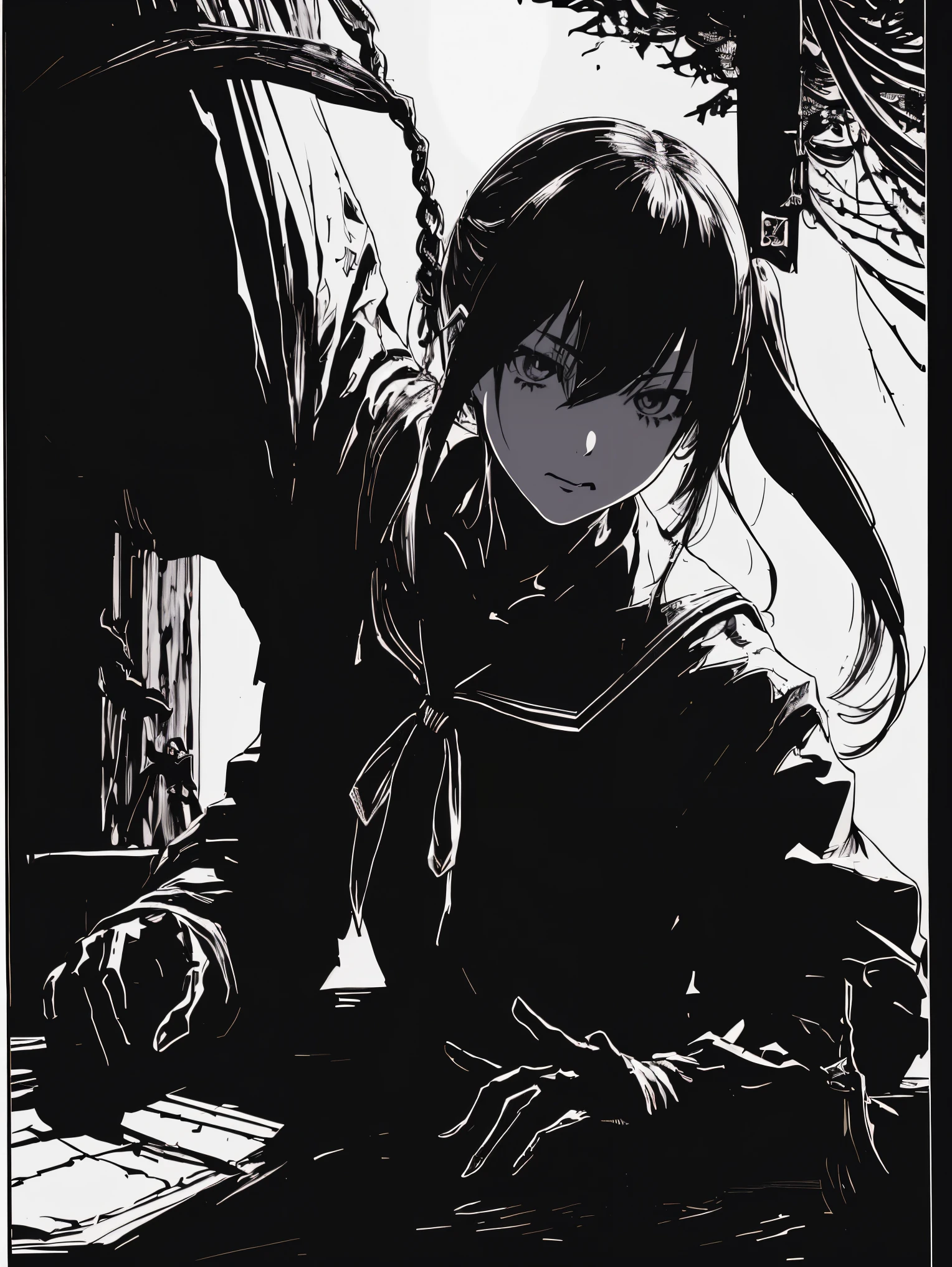 ノートを手に持つ、v5lcn style,Ink Art,(highest quality,Tabletop:1.2),(Black and white comic core:1.1),(extremely high contrast),Dark ink,One Girl,Shadow on face、8K,solve,high school girl,Sailor Suit,