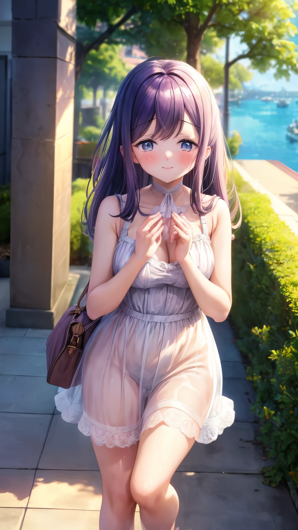 Sweet adorable and cute Eurasian anime teen girl Cute innocent young girl lacy transparent and see-through dress . Medium perky , adorably cute and lovely young lady. Shy and Blushing demon girl. Wearing a cute revealing  sundress while walking lakeside Sweet adorable and alluring  young teen lolita wearing  sundress with pink sunglasses The scene is a masterpiece of detail and quality, painted with the soft hues of pastel colors. The adorably cute and lovely young anime lolita is the centerpiece, surrounded by an enchanting world that seems to emanate from her very presence. The allure of her mini skirt, delicately accentuating her curves, and the lace trim on her white blouse, inviting the viewer's gaze, is balanced by her innocence and sweetness. Her legs are crossed at the knee, a simple gesture that adds to her endearing charm. Her delicate hand gently touches the strap of her bag, adorned with vibrant flowers, as her pastel pink hair