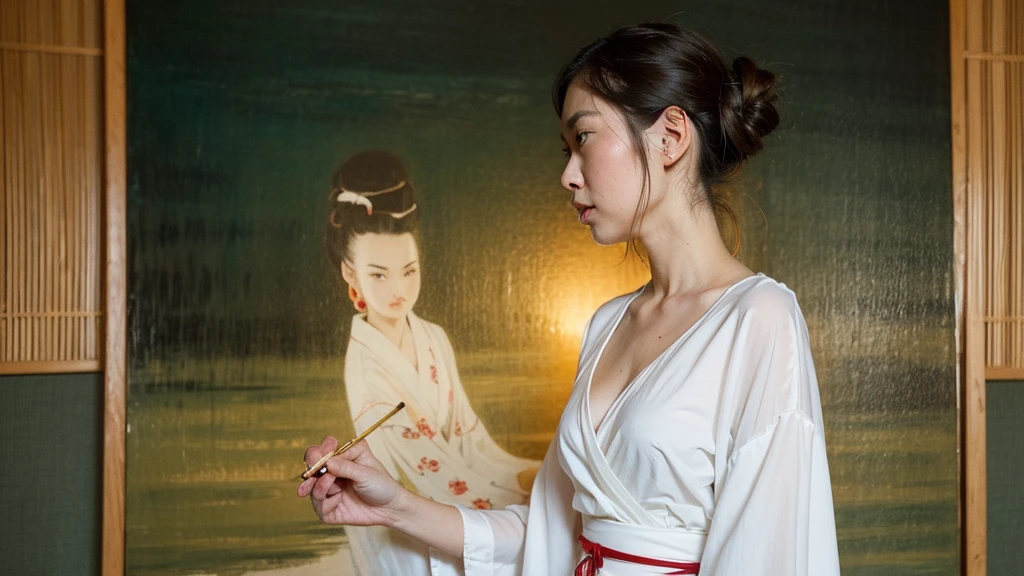 Alpha image of woman in white kimono dress, Japanese art style, Guviz-style artwork, Beautiful character painting, A beautiful artwork illustration, Chinese painting style, Beautiful digital illustration, by Yang J, stunning art style, G Liulian art style, Digital painting style, Beautiful digital artwork, By Li Song