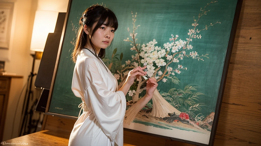 Alpha image of woman in white kimono dress, Japanese art style, Guviz-style artwork, Beautiful character painting, A beautiful artwork illustration, Chinese painting style, Beautiful digital illustration, by Yang J, stunning art style, G Liulian art style, Digital painting style, Beautiful digital artwork, By Li Song