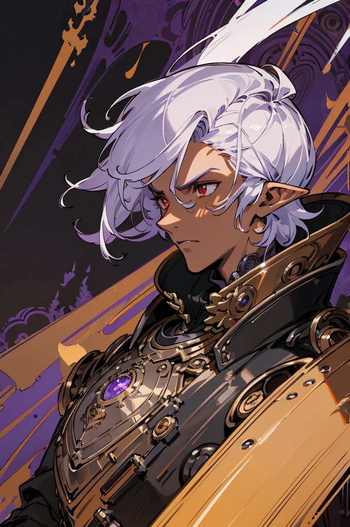 masterpiece, best quality, ultra high res, dark theme, 1boy, (dungeonpunk armor), (mechanical steampunk armor), (wearing armor), fantasy illustration, dark skinned, human, upper body, portrait, red eyes, long white hair, half-drow, pointy ears, serious face, young man, dramatic lighting, purple hue, art by Kinema Citrus