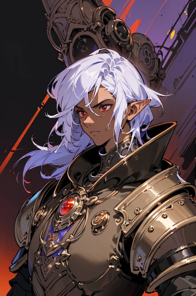 masterpiece, best quality, ultra high res, dark theme, 1boy, (dungeonpunk armor), (mechanical steampunk armor), (wearing armor), fantasy illustration, dark skinned, human, upper body, portrait, red eyes, long white hair, half-drow, pointy ears, serious face, young man, dramatic lighting, purple hue, art by Kinema Citrus