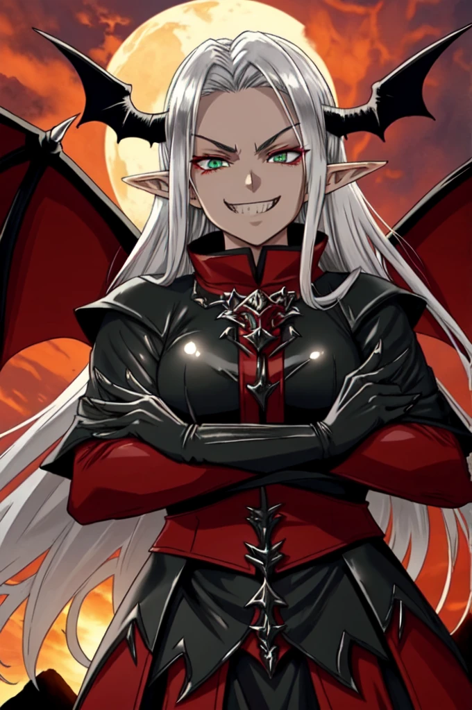 close-up, view from below, 1 devil, devil horns, wearing black armor, smug expression, evil grin, welcoming pose, see-through clothing, pointed ears, silver hair, green eyes, tanned skin, bat wings, red skies,

hellish scene, volcano, hellfire, backlit, fw.evelyn, elf,