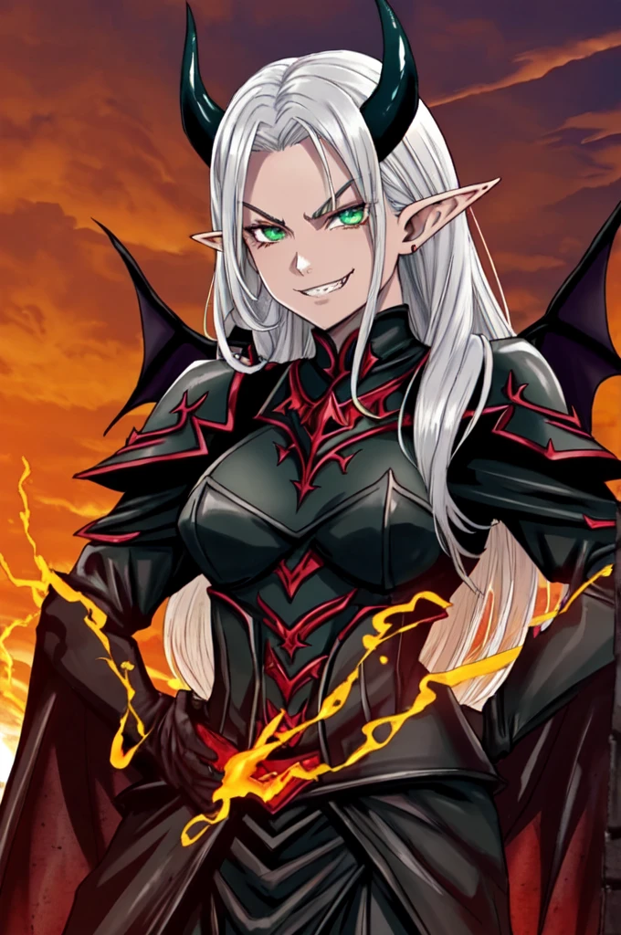 close-up, view from below, 1 devil, devil horns, wearing black armor, smug expression, evil grin, welcoming pose, see-through clothing, pointed ears, silver hair, green eyes, tanned skin, bat wings, red skies,
hellish scene, volcano, hellfire, backlit, fw.evelyn, elf,