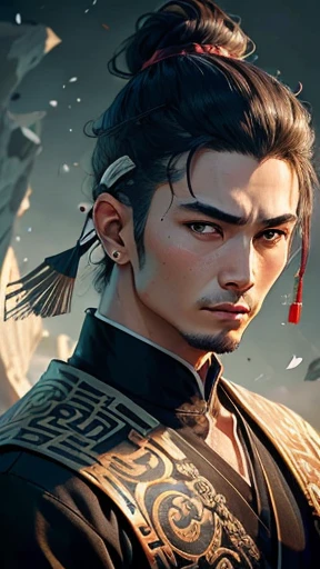 Oriental、Man in simple ancient Chinese costume、ancient chinese hairstyle male、Highest quality、masterpiece、Ultra-high resolution、(Realistic:1.4)、Game Poster、Crisp and beautiful image quality,Embroidered cloth wrapped around a topknot、Feather fan、Black clothes、