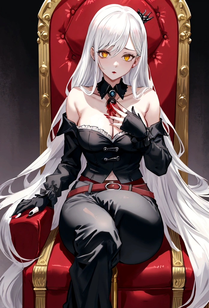 elizabeth rose bloodflame (ho****ve), Best quality，masterpiece，a high resolution，Adult female, businesswoman, mature female, skinny, nardack, visible breasts apart, visible collarbone, visible breasts apart, medium breast, holding cane, visible cane, white hair, lipstick, long hair, yellow eyes, black coat, long pant, black pant, thighs, bloodborne style, sitting on throne, legs crossed.