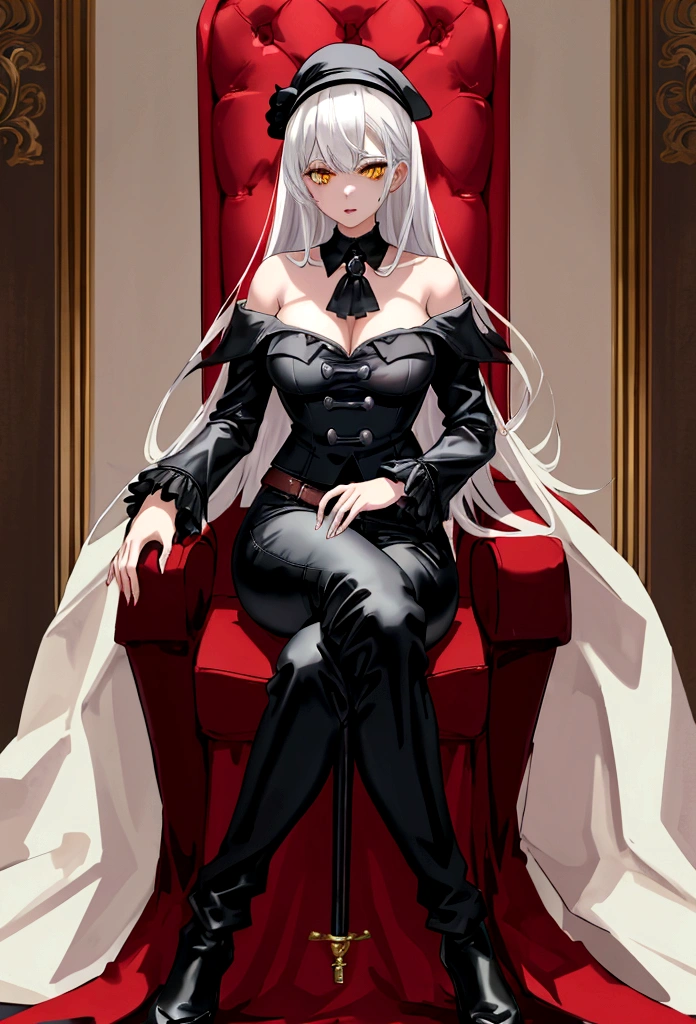 elizabeth rose bloodflame (hololive), Best quality，masterpiece，a high resolution，Adult female, businesswoman, mature female, skinny, nardack, visible breasts apart, visible collarbone, visible breasts apart, medium breast, holding cane, visible cane, white hair, lipstick, long hair, yellow eyes, black coat, long pant, black pant, thighs, bloodborne style, sitting on throne, legs crossed.