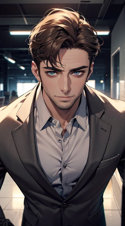 (best quality,4k,8k,highres,masterpiece:1.2),ultra-detailed,(realistic,photorealistic,photo-realistic:1.37),1 man,31 years old,mature man,very handsome,without expression,smile,short grey brown hair,blue eyes,penetrating gaze,perfect face without errors,imposing posture,businessman,office background,cinematic lighting,hdr image