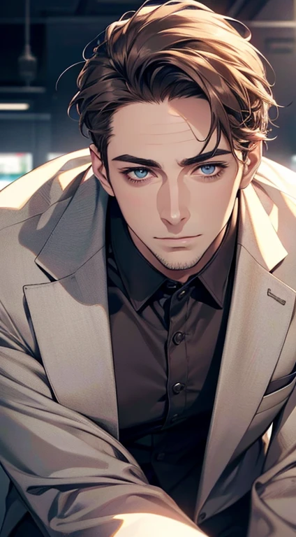 (best quality,4k,8k,highres,masterpiece:1.2),ultra-detailed,(realistic,photorealistic,photo-realistic:1.37),1 man,31 years old,mature man,very handsome,without expression,smile,short grey brown hair,blue eyes,penetrating gaze,perfect face without errors,imposing posture,businessman,office background,cinematic lighting,hdr image
