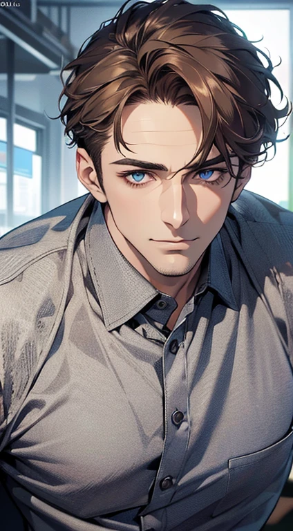 (best quality,4k,8k,highres,masterpiece:1.2),ultra-detailed,(realistic,photorealistic,photo-realistic:1.37),1 man,31 years old,mature man,very handsome,without expression,smile,short grey brown hair,blue eyes,penetrating gaze,perfect face without errors,imposing posture,businessman,office background,cinematic lighting,hdr image
