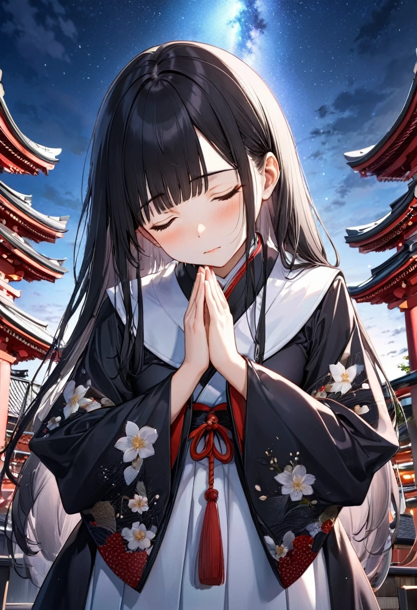 low angle, (Memorial ,style) (Pressing palms together in prayer, looking at sky) (in a lady Mourning Costume), break, (solo:2, 15 yo, blunt bangs:1.2 black hair long hair girl, sad closed eyes, tears of eyes), (praying to Grandmother), in the night Dazaifu Tenmangu Shrine Memorial Tower rooftop, background Lifestream Covering the night sky, BREAK, perfect ???????, masterpiece, best quality, 16k, beautiful detailed lifestream, daydreaming expression.