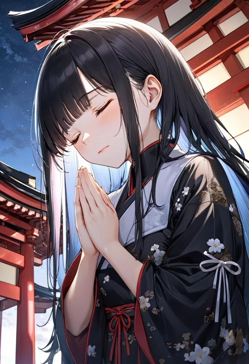 low angle, (Memorial ,style) (Pressing palms together in prayer, looking at sky) (in a lady Mourning Costume), break, (solo:2, 15 yo, blunt bangs:1.2 black hair long hair girl, sad closed eyes, tears of eyes), (praying to Grandmother), in the night Dazaifu Tenmangu Shrine Memorial Tower rooftop, background Lifestream Covering the night sky, BREAK, perfect anatomy, masterpiece, best quality, 16k, beautiful detailed lifestream, daydreaming expression.