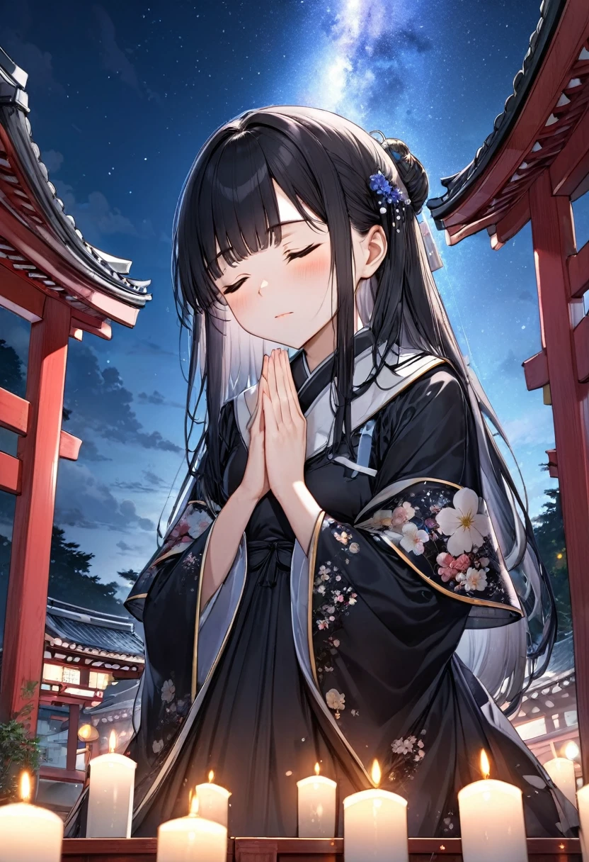 low angle, (Memorial ,style) (Pressing palms together in prayer, looking at sky) (in a lady Mourning Costume), break, (solo:2, 15 yo, blunt bangs:1.2 black hair long hair girl, sad closed eyes, tears of eyes), (praying to Grandmother), in the night Dazaifu Tenmangu Shrine Memorial Tower rooftop, background Lifestream Covering the night sky, BREAK, perfect anatomy, masterpiece, best quality, 16k, beautiful detailed lifestream, daydreaming expression.