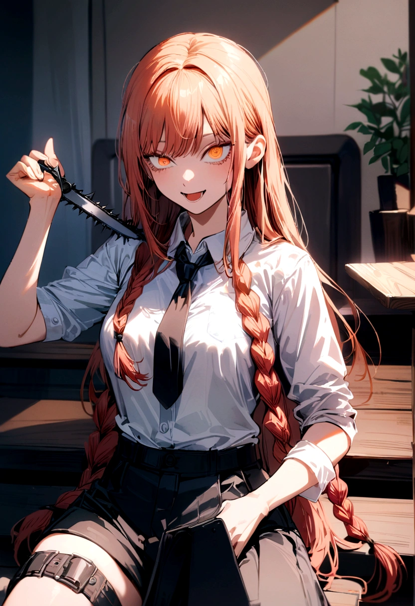 open mouth,(kiss),best quality, insanely detailed,1girl,1girl, sitting,in-flight and and (1girl:1.4) BLOND HAIR, denji (chainsaw man),and 1gir,makima (chainsaw man), best quality, ultra detailed, 1girl, , standing, red hair, long braided hair, golden eyes, bangs,, large , stare, smile, (evil:1.2),, makima (chainsaw man), nude, legs spread