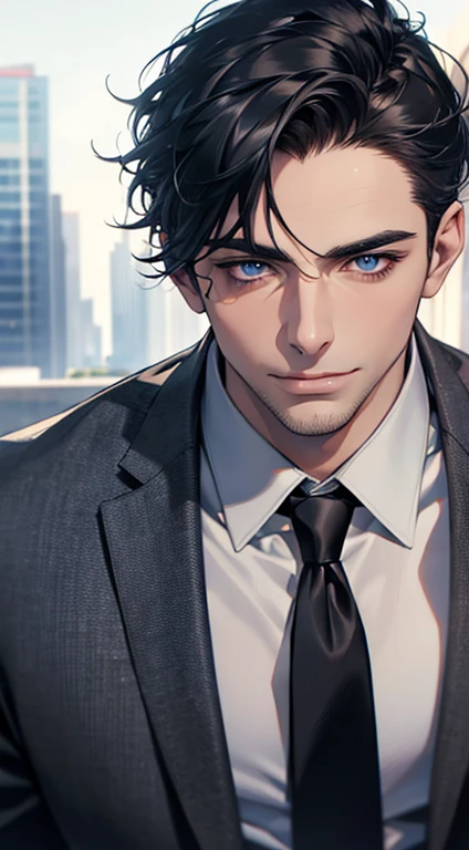(best quality,4k,8k,highres,masterpiece:1.2),ultra-detailed,(realistic,photorealistic,photo-realistic:1.37),1 man,31 years old,mature man,very handsome,without expression,smile,short grey black hair,blue eyes,penetrating gaze,perfect face without errors,imposing posture,businessman,office background,cinematic lighting,hdr image