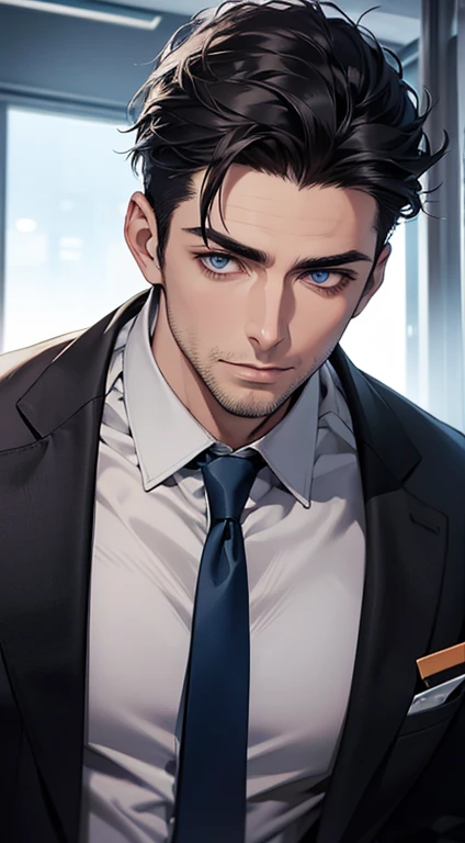 (best quality,4k,8k,highres,masterpiece:1.2),ultra-detailed,(realistic,photorealistic,photo-realistic:1.37),1 man,31 years old,mature man,very handsome,without expression,smile,short grey black hair,blue eyes,penetrating gaze,perfect face without errors,imposing posture,businessman,office background,cinematic lighting,hdr image