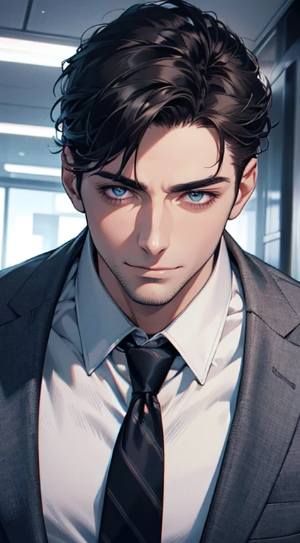 (best quality,4k,8k,highres,masterpiece:1.2),ultra-detailed,(realistic,photorealistic,photo-realistic:1.37),1 man,31 years old,mature man,very handsome,without expression,smile,short grey black hair,blue eyes,penetrating gaze,perfect face without errors,imposing posture,businessman,office background,cinematic lighting,hdr image