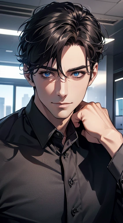 (best quality,4k,8k,highres,masterpiece:1.2),ultra-detailed,(realistic,photorealistic,photo-realistic:1.37),1 man,31 years old,mature man,very handsome,without expression,smile,short grey black hair,blue eyes,penetrating gaze,perfect face without errors,imposing posture,businessman,office background,cinematic lighting,hdr image