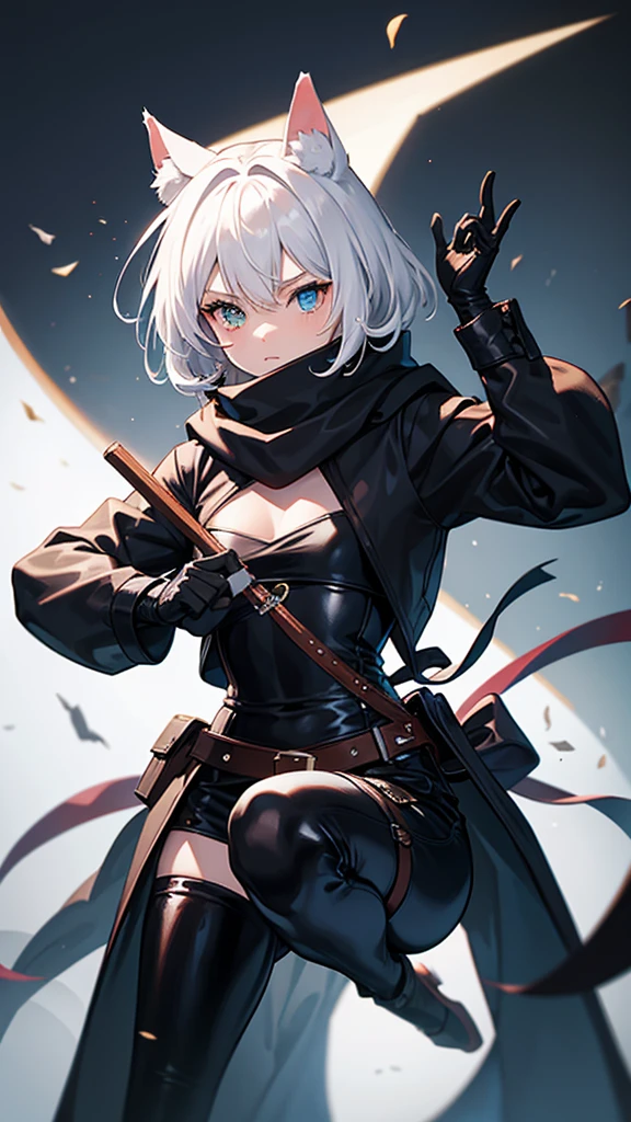 work of art, best qualityer, high resolution, 1 girl, synonym 1, scarf, short hair, mitts, ninja mask, long sleeves, leather pants, White hair, Cat's ears, cat tail, Rougue clothes, leather pants, holding, holding faca, bangs over one eye, blue eye, 14 eyes old, hooded cloak, rogue rpg, rpg, ninja, ruins, medioval