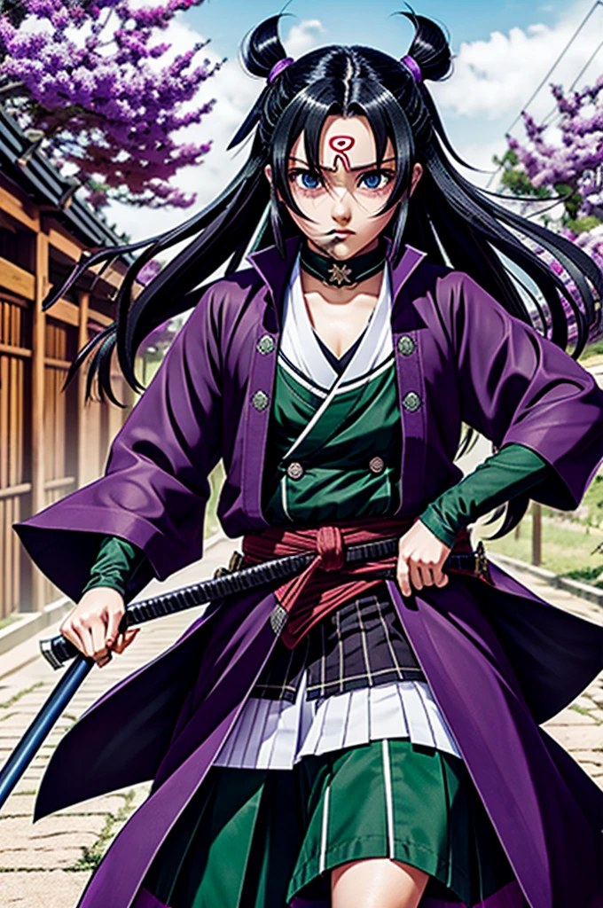 Kimetsu no yaiba girl with demon hunter uniform long loose hair and side bangs purple eyes fighting with her katana AND launching an attack MANGA KIMETSU NO YAIBA version