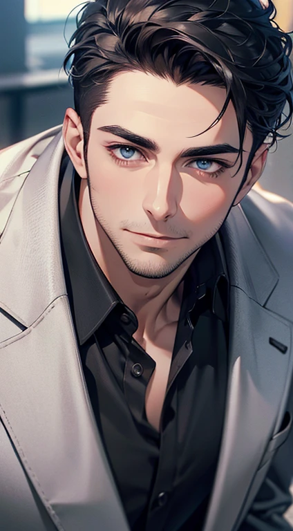 (best quality,4k,8k,highres,masterpiece:1.2),ultra-detailed,(realistic,photorealistic,photo-realistic:1.37),1 man,31 years old,mature man,very handsome,without expression,smile,short grey black hair,blue eyes,penetrating gaze,perfect face without errors,imposing posture,businessman,office background,cinematic lighting,hdr image
