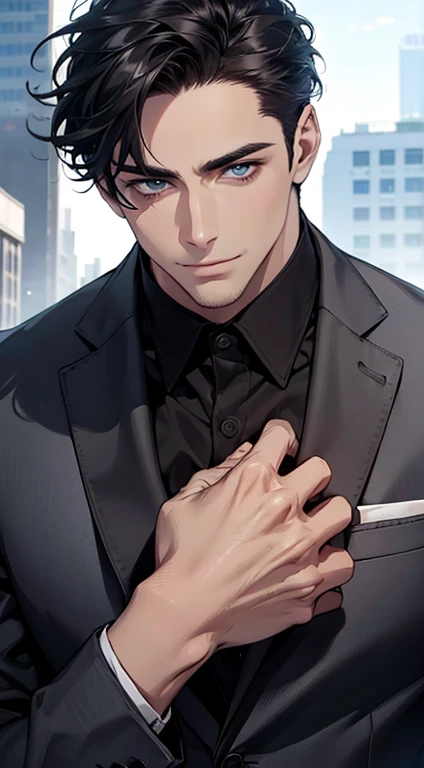 (best quality,4k,8k,highres,masterpiece:1.2),ultra-detailed,(realistic,photorealistic,photo-realistic:1.37),1 man,31 years old,mature man,very handsome,without expression,smile,short grey black hair,blue eyes,penetrating gaze,perfect face without errors,imposing posture,businessman,office background,cinematic lighting,hdr image