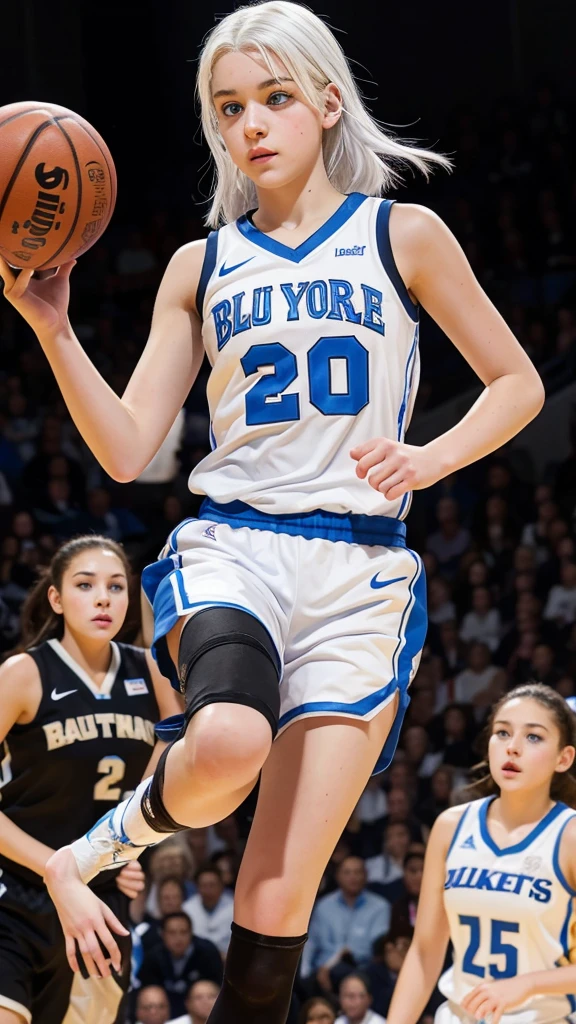 14 year old girl with white hair, light blue eyes, white skin and a snub nose in a black basketball uniform
