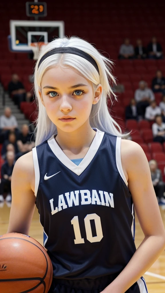  girl with white hair, light blue eyes, white skin and a snub nose in a black basketball uniform