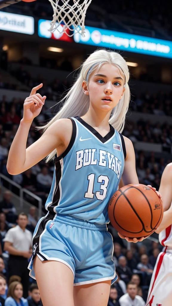 14 year old girl with white hair, light blue eyes, white skin and a snub nose in a black basketball uniform