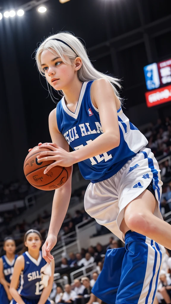 14 year old girl with white hair, light blue eyes, white skin and a snub nose in a black basketball uniform