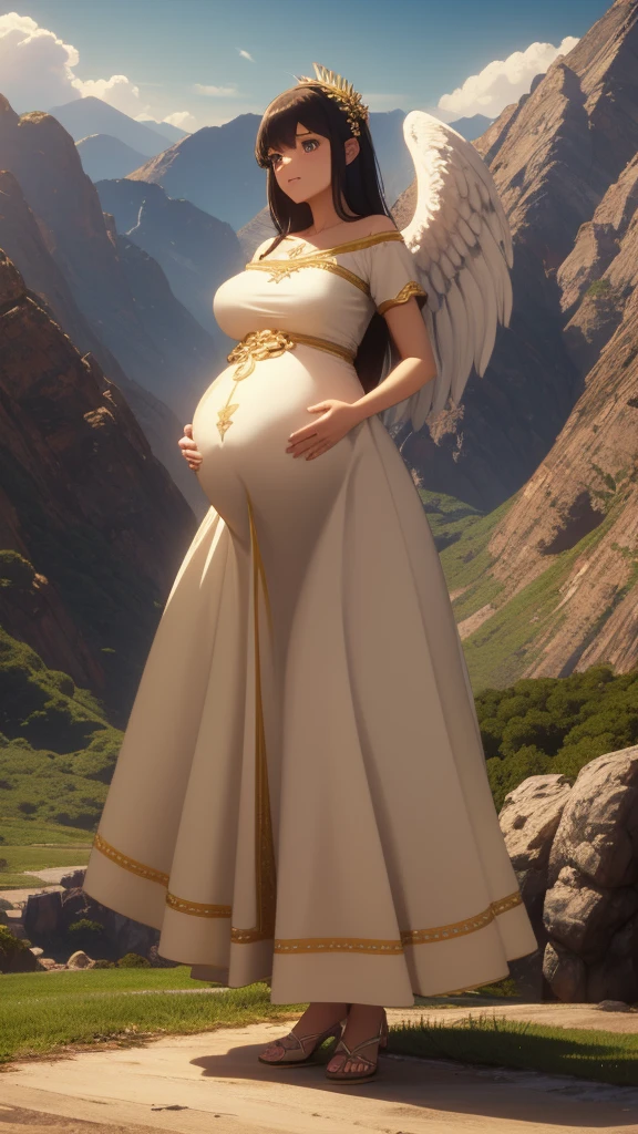 ((masterpiece, best quality;1.3)), ultra - detailed，plethora of colors，extremely detailed and beautiful background，1girl，solo，beautiful  face，Angelic，Detailed angel costume in gold，Wings Angel，feater，Fantasy landscape，epic,The sword,holdingsword,undefined,Qiancheng Xue,，Full body photo，Pregnant belly, maternity attire for pregnant women，maternity dress，pregnant belly，Pregnant belly